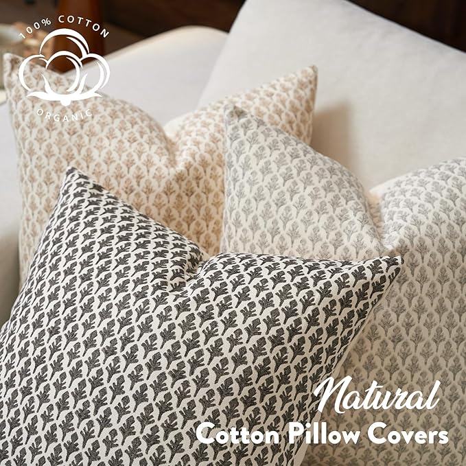 FIOUOVO Floral Pillow Covers 24x24 Pillow Cover Block Print Couch Pillows for Living Room Decorative Neutral Accent Throw Pillow Covers, 1PC, Charcoal Black