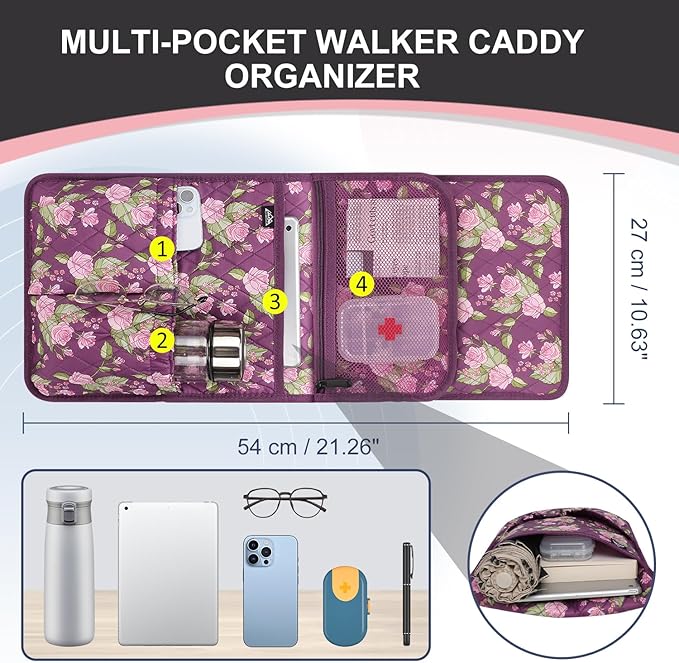 supregear Walker Bag, Universal Seniors Caddy Organizer with Multiple Pockets, Lightweight Accessories for Elderly, Rollators, Wheelchairs and Bedside Rails, Easy to Use Storage Pouch, Floral Purple