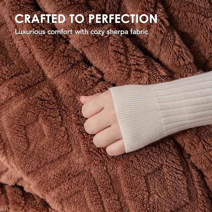 EverGrace Jacquard Boho Sherpa Fleece Throw Blanket for Couch, Super Soft Cozy Fuzzy Plush Blankets for All Seasons, Reversible Thick Warm Blanket for Bed, Sofa, Living Room, Terracotta, 50" x 60"