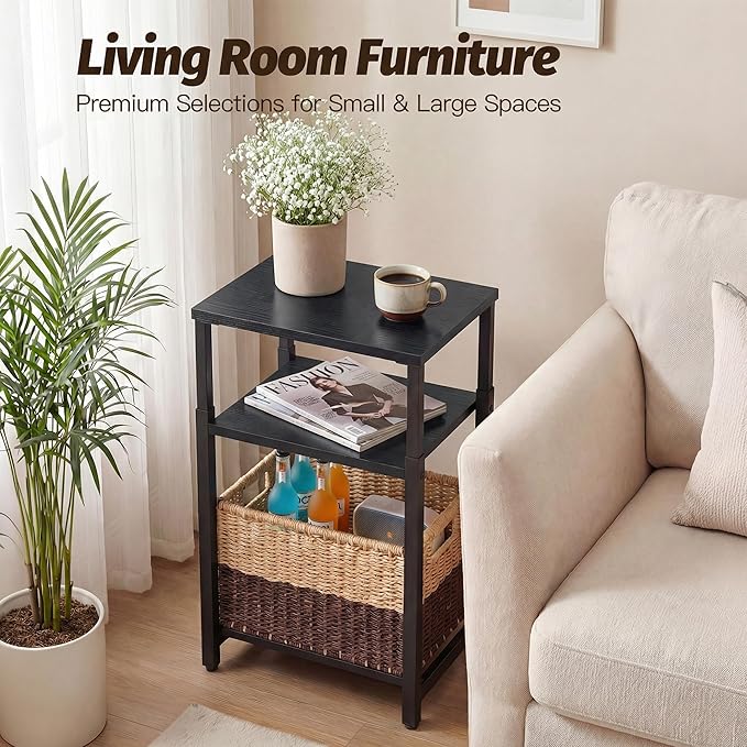 Side Table with Storage Basket, Small End Table with Adjustable Height Design for Living Room, Bedroom Nightstand Bedside Table for Small Spaces (Black)