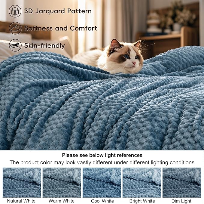 PHF Ultra Soft Flannel Fleece Blanket King Size, Lightweight 3D Jacquard Fleece Blanket, No Shedding, No Pilling, Luxury 340GSM Aesthetic Fluffy Cozy for Bed Room Decor, 108"x90", Denim Blue