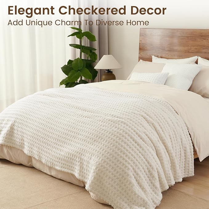 David's Home Ultra Soft Fleece Blanket King Size for Bed, Plush Shaggy Fluffy 3D Jacquard Waffle Throw for Couch, Warm Lightweight for Fall Winter,Fuzzy Aesthetic Room Decor,108x90 inches,Cream