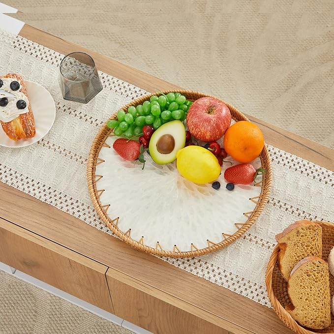 Shellac Rattan Tray with Mother of Pearl Inlay, Round Decorative Serving Tray for Home Décor Coffee Table Storage and Display, 100% Natural Materials-Ottoman Tray - White 12"
