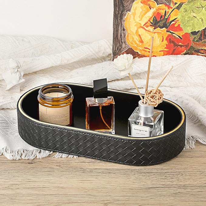 Hipiwe PU Leather Valet Trays Colognes Organizer Perfume Tray for Men, Modern Nightstand Bedside Storage Tray, Black Key Holder Bowl for Entryway Decorative Catchall Trays for Keys, Watch, Wallet