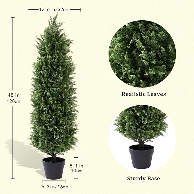 4ft Tall Artificial Cedar Trees for Outdoors Set of 2, UV Resistant Fake Plants Faux Topiary for Front Porch Decor 4 Feet