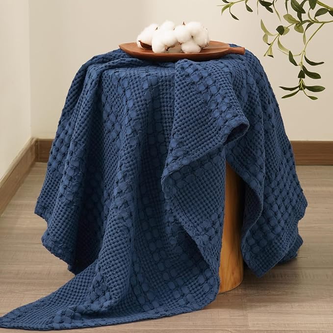 PHF 100% Cotton Waffle Weave Throw Blanket, Soft Lightweight Breathable Cozy Throws for Couch Bed Sofa, Luxury Aesthetic Blanket Gift for Home Decor & Office, 50"x60", Bright Navy