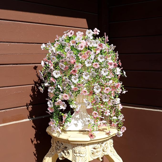 Artificial Flowers for Outdoors Spring Decor, 6 Bundles UV Resistant Realistic Fuax Silk Hanging Flowers, Fake Plants for Planter Indoor Outside Garden Porch Patio Balcony Yard (Pink White)