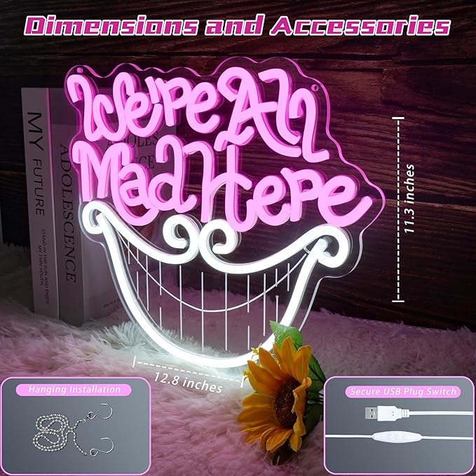 Mad Hatter's Tea Party Neon Sign We're All Mad Here Inspirational Light for Wall Art Decor Cheshire Cat's Grin Neon Sign Unique Wall Decor for Book Lovers and Movie Fans Birthday Party Gifts 12.8*11.3
