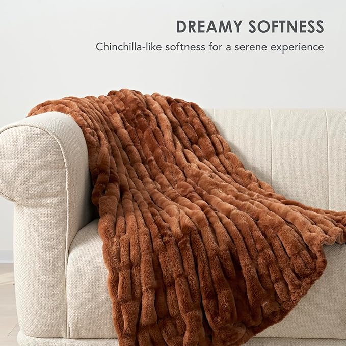 EVERGRACE Luxurious Soft Faux Rabbit Fur Throw Blanket, Cozy Fuzzy Plush Warm Throws for Couch Bed Sofa Chair Home Decor, Ruched Bubble Fluffy Blanket with Reversible Velvet, 60" x 80", Clay