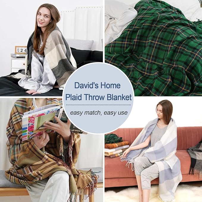 David's Home Buffalo Plaid Throw Blanket- Soft Lightweight Tartan Checker Blanket with Decorative Tassels for Couch Sofa-Outdoor Fringe Lap Throw-Farmhouse Style-50x60 Inches-White+Greyish Blue/Purple