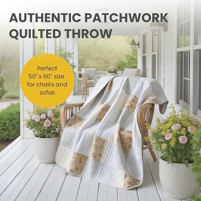 SLPR Cotton Quilted Throw Blanket, 50" x 60" Floral Farmhouse Patchwork Quilt, Shabby Chic Patchwork Throw Lap Quilt for Couch, Country Lane