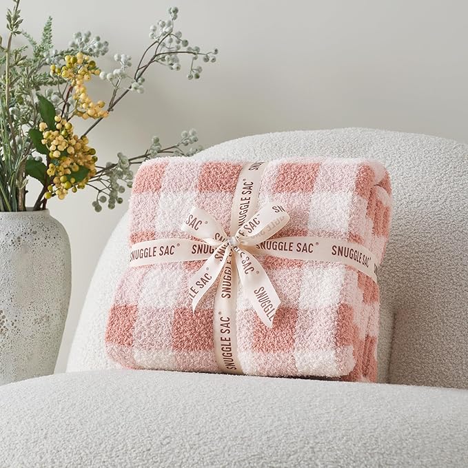 Snuggle Sac Checkered Throw Blanket for Couch, Super Soft, Cozy Warm Knit Decorative Blankets, Reversible Plaid Fluffy Throws for Sofa, Bed, Plaid Pink, 50x60 Inches