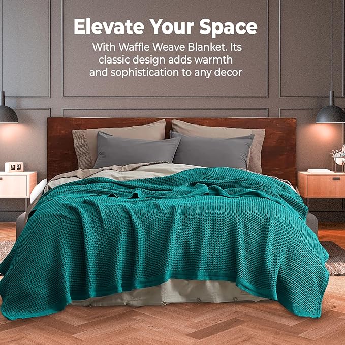 100% Cotton Blankets for Bed - Waffle Weave Blankets for Summer, Lightweight and Breathable Soft Woven Blanket for Spring (Teal, Queen (90" x 90"))