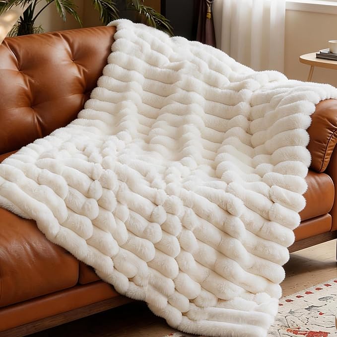 Faux Fur Twin Blanket for Couch,Cozy Soft Plush Thick Striped Luxury Blanket for Sofa Living Room Bedroom,60 * 80 Inches, White