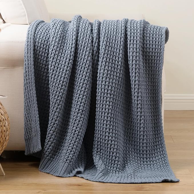 Bunnikins & Clover Blue Grey Throw Blanket for Couch, Thick Warm Soft Cozy Knitted Chenille Throw Blanket for Sofa, Bed, Living Room, 50"x60"