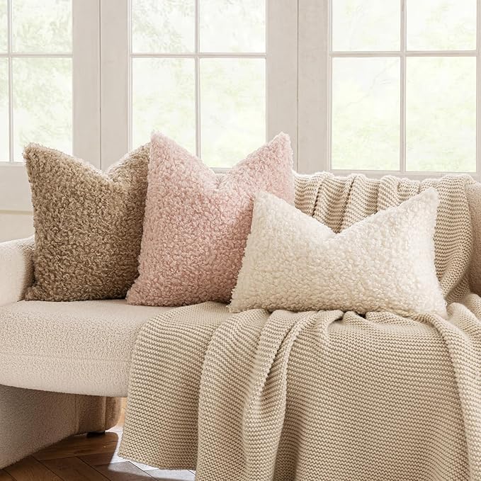 MIULEE Pack of 2 Pink Throw Pillow Covers 18x18 Inch Faux Fur Decorative Sherpa Boucle Spring Pillow Covers Fuzzy Accent Soft Sheepskin Fleece for Boho Home Decor Couch Living Room Bed Valentines Day