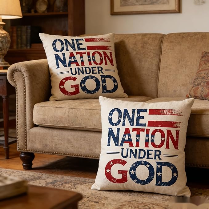 Patriotic Throw Pillow Covers, One Nation Under God, Linen, 18x18 Inch, Set of 2, Farmhouse Style, Indoor Living Room Decor July 4th — Independence Day