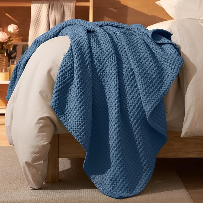 PHF Ultra Soft Waffle Weave Throw Blanket 50"x 60"- Washed Lightweight Breathablee Cozy Woven Blanket - Great for Couch Bed Sofa Home Car - Navy Blue