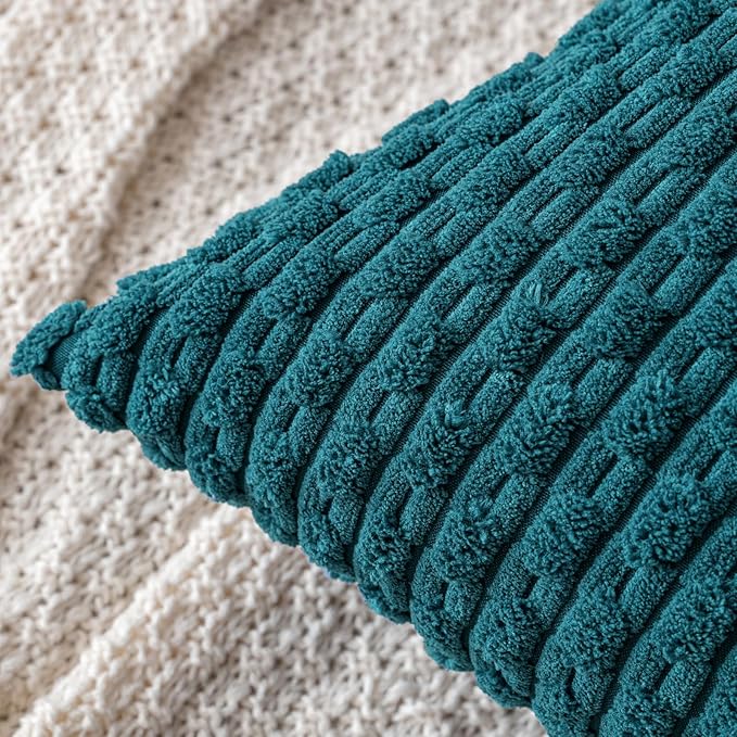 MIULEE Pack of 2 Decorative Lumbar Throw Pillow Covers 12x20 Inch Soft Boho Striped Textured Corduroy Pillow Covers Modern Farmhouse Home Decor for Couch Bed Sofa Living Room Teal Blue