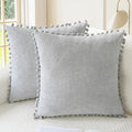 CaliTime Throw Pillow Covers Decorative 22 X 22 Inches Pack of 2 Cozy Solid Dyed Soft Chenille Cushion Cases with Pom Poms for Couch Sofa Bed Living Room Home Moonbeam Gray