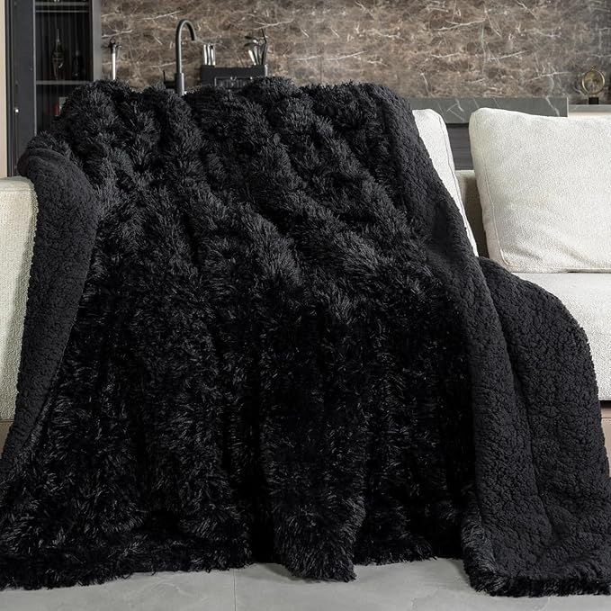 Pawque Faux Fur Blankets King Size 90x108 Inches, Soft Fuzzy Fluffy Blanket, Warm Thick Sherpa Long Hair Shag Reversible Lightweight Cozy Throw for Bedroom Sofa Couch, Black