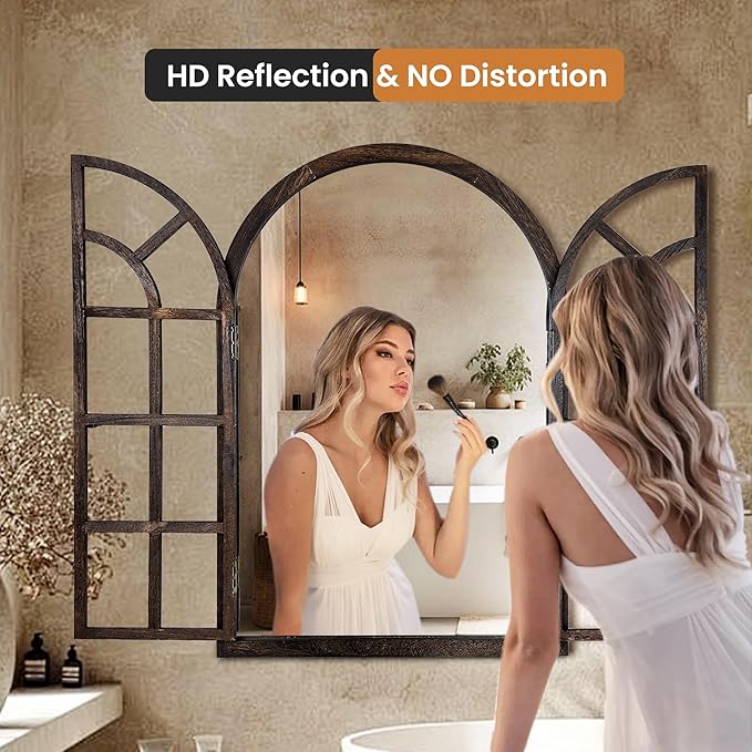 Arched Wall Mirror with Window Pane Design 36 x 24 Inch Rustic Farmhouse Wood Decorative Mirror for Living Room Bedroom Entryway