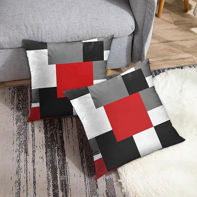 Emvency Set of 2 Red Black and Grey Throw Pillow Covers Geometric Modern Abstract Painting Decorative Pillow Cases Home Decor Standard Square 20x20 Inches Pillowcases