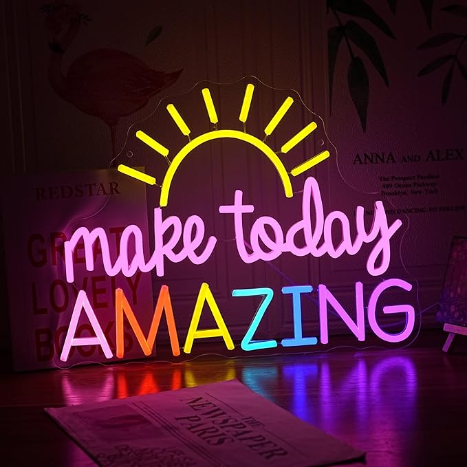 Make Today Amazing Neon Sign Yellow Sunrise Neon Light Inspirational Letter Neon Light Up Sign Boho Wall Art LED Light Sign for Party Birthday Cafe Wedding Gym