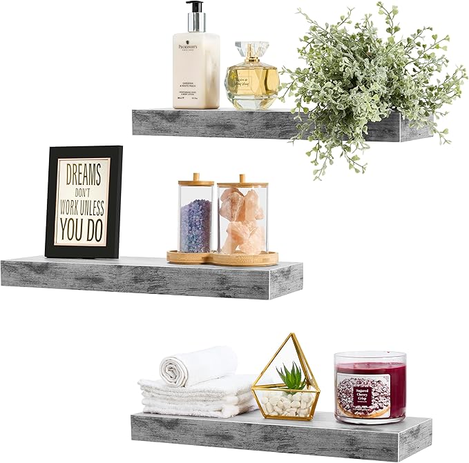 Sorbus Floating Shelves for Wall – 16 Inch Floating Shelf for Kitchen, Bedroom, Living Room, Bathroom, Home & Wall Decor - Mounted Bathroom Shelves with Invisible Brackets (Grey, 3 Pack)