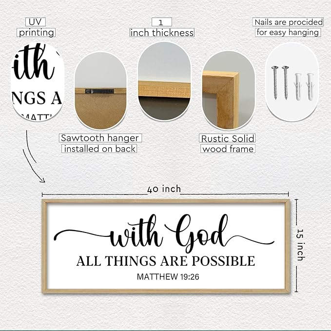 With God All Things Are Possible Sign Wall Decor 40"×15" Matthew 19:26 Bible Verse Jesus Religious Christian Scripture Prayer Large Wooden Framed Wall Hanging Art (Wood)