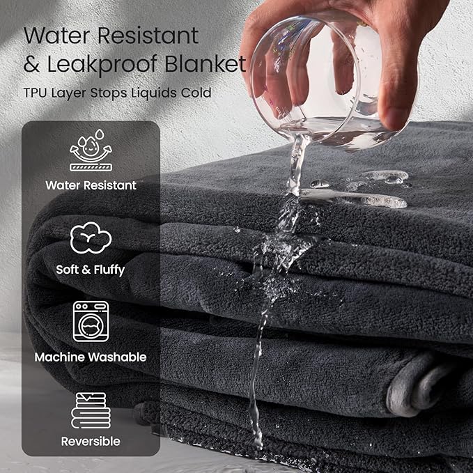 LOOBANI Waterproof Blanket for Bed: Reversible Leakproof King Size Bed Blankets 85" x 108", Soft Flannel & Coral Fleece Bed Blanket Water Resistant for Couch Sofa Cover, Travel, Movie Time, Grey