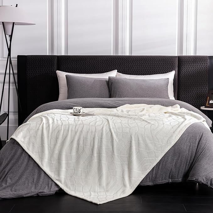 Soft Cozy Fleece Twin Blanket, 60x80 Inches – Lightweight Plush Blanket for Couch, Fuzzy 3D Jacquard Design, for Sofa, Bed & Travel - Ivory White