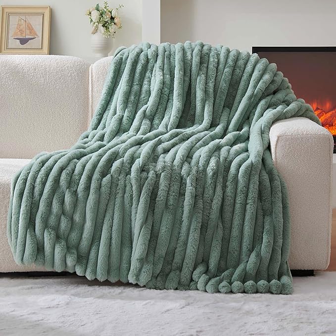 Lotus Karen Faux Fur Twin Blanket for Couch, Cozy Soft Fluffy Fuzzy Sage Green Blanket, Striped Warm Thick Furry Plush Shaggy Small Blankets for Women, 60x80 Inches