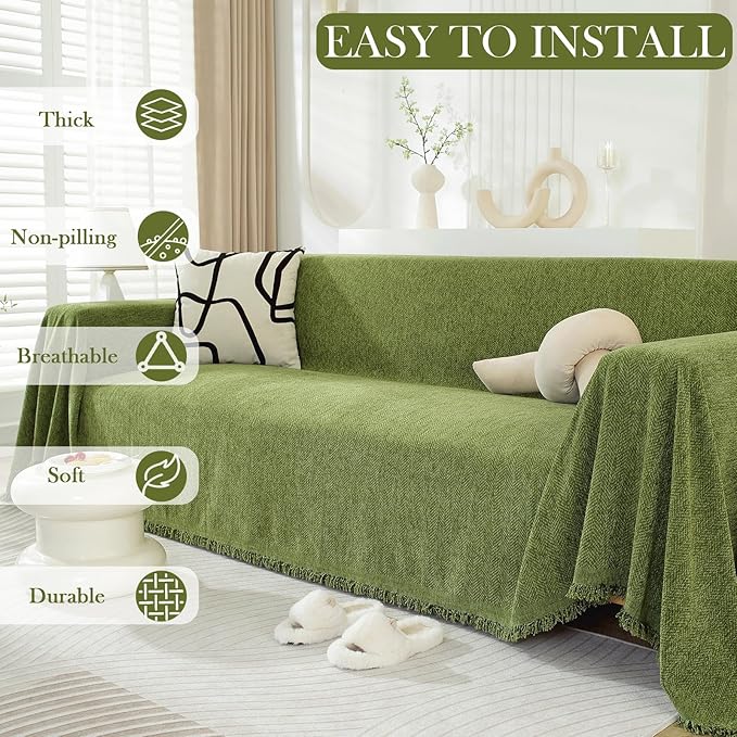 HANDONTIME Olive Green Chenille Sofa Cover for Sectional Couch, 71" x 118" Herringbone Couch Protector, Pet-Friendly Washable Furniture Cover, Soft Thick Sofa Slipcover