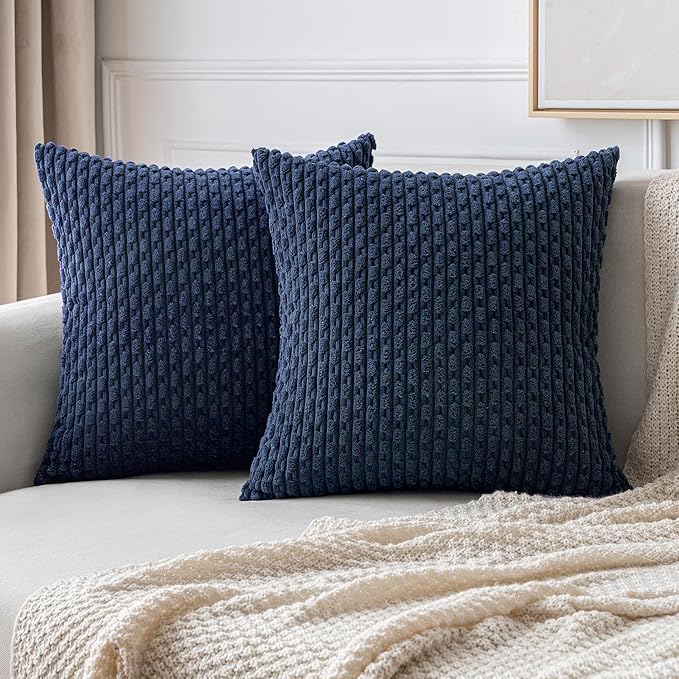 MIULEE Pack of 2 Decorative Throw Pillow Covers 20x20 Inch Soft Boho Striped Textured Corduroy Pillow Covers Modern Farmhouse Home Decor for Couch Bed Sofa Living Room Navy Blue