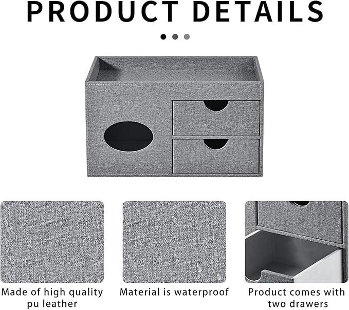 Square Tissue Box Cover with Drawers,Tissue Box Holder with Storage Tray, Makeup Organizer and Desk Organizer,Tissue Holders Decorative for Bathroom Vanity NightStand Dressing Table (Grey)