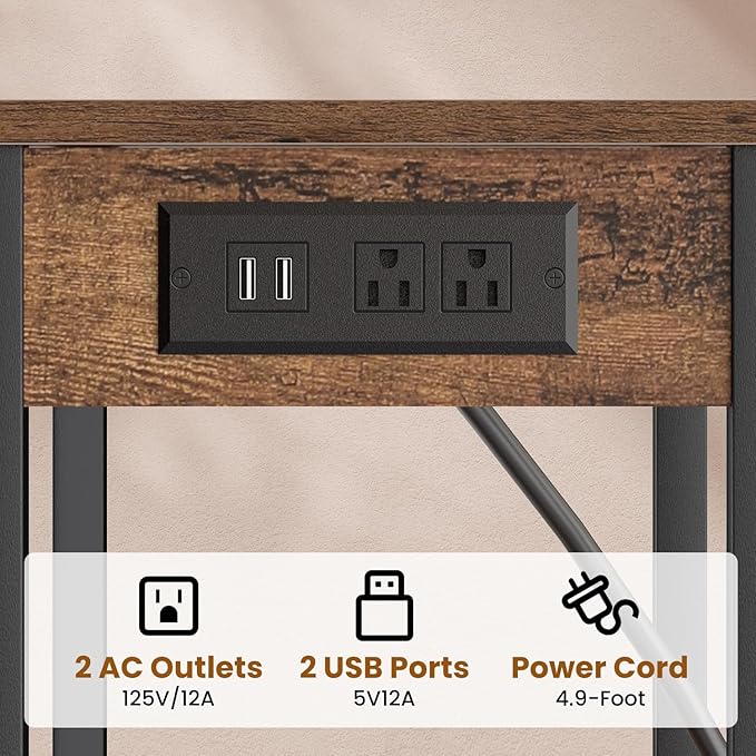 Side Table with Charging Station, Tall End Tables Living Room, 30 Inch Skinny Night Stand with Storage, Small Bedside Tables for Bedroom, Office, Dorm, Hallway, Rustic Brown