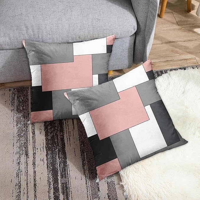 Emvency Set of 2 Pink Geometric Throw Pillow Cover Black Grey White Painting Abstract Checkered Design Decorative Pillow Case Modern Home Decor Standard Square 18x18 Inch Cushion Pillowcase