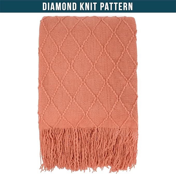 PAVILIA Coral Orange Knit Throw Blanket for Couch, Twin Bed, Soft Knitted Farmhouse Sofa Throw for Living Room, Lightweight Decorative Fall Blanket for Chair, Outdoor Textured Boho Blanket, 60x80