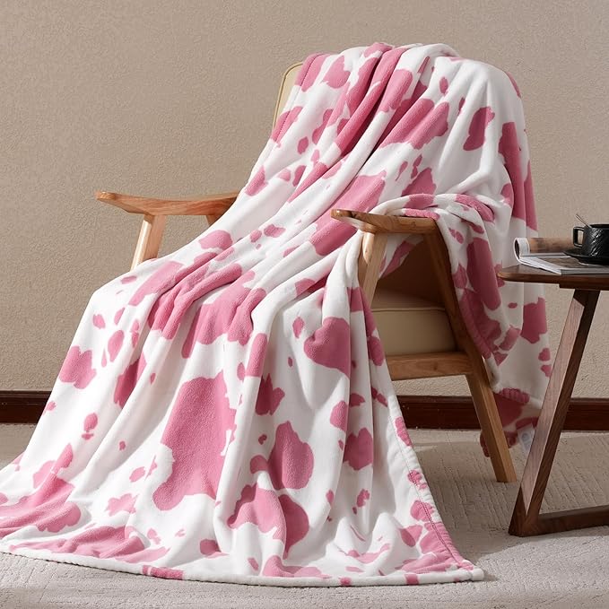 Cozy Bliss Cow Print Throw Blanket for Bed - Fuzzy Thick Soft Warm Fleece Blankets for Couch & Bed, for Women Men Girls Kids, Pink Large King Size 120"*100"