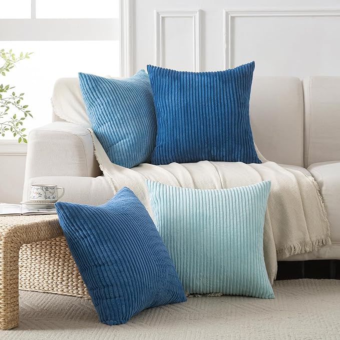 Volcanics Set of 4 Light Blue Corduroy Decorative Couch Throw Pillow Covers 18x18 Inch, Soft Modern Boho Striped Accent Cushion Cases for Beach, Patio, Balcony, Summer Gradient Shams Home Decor
