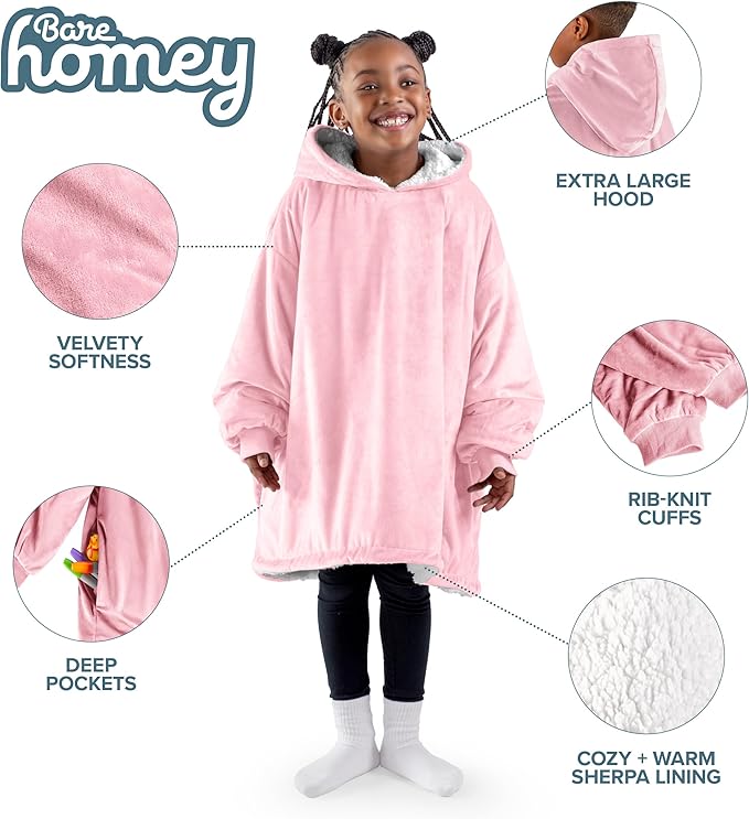 Bare Home Wearable Blanket Hoodie - Soft Plush Sherpa - Warm and Cozy - Oversized Wearable Blanket - Adult & Kid Sizes