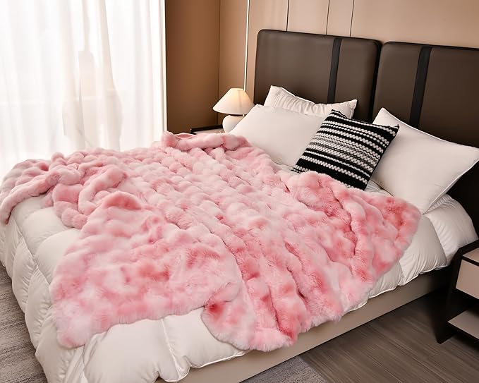 H&D Faux Fur Throw Blanket for Couch,Fluffy Cozy Soft Plush Luxury Thick Fuzzy Fleece Blanket for Couch Bed Sofa Bedroom Living Room,Comfy Bubble Blanket
