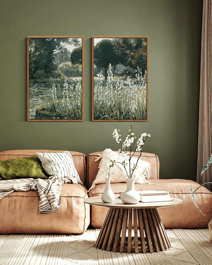 InSimSea 2 Pcs Framed Wall Art Vintage Decor, Vivid Greens Countryside Paintings Above Bed Wall Decor, Canvas Prints, Living Room,Bedroom,Office Retro Farmhouse Decorations, 16x24inch, Set of 2
