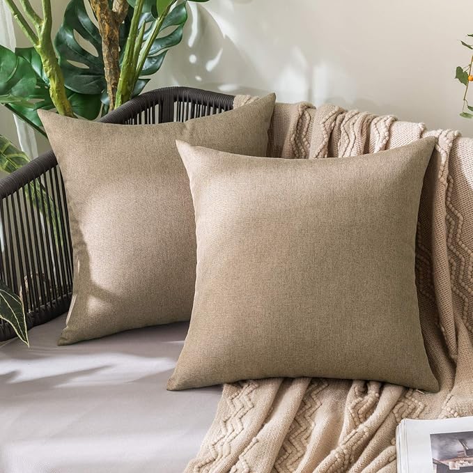 MIULEE Pack of 2 Decorative Outdoor Solid Waterproof Throw Pillow Covers Euro Sham Faux Linen Garden Farmhouse Cushion Cases for Patio Tent Balcony Couch Sofa 24x24 Inch Khaki