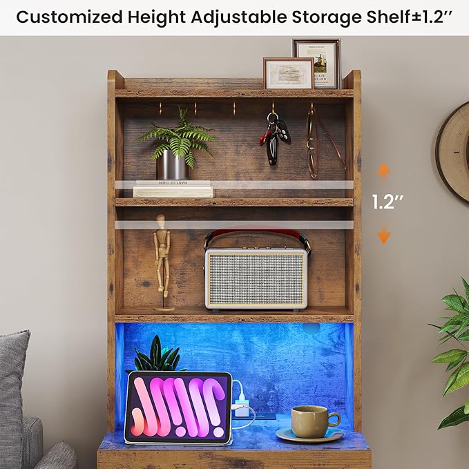 VIAGDO Tall Nightstand Set of 2 with Charging Station and LED Lights, Rustic Brown Night Stand Set 2 with Bookshelf, Modern LED Bedside Tables with 3 Drawers and Storage Shelves, Side Tables Bedroom