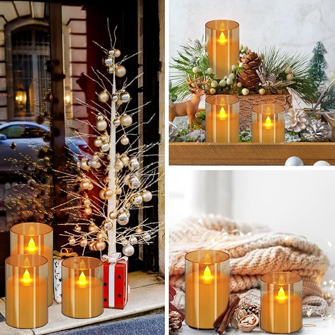 wemarry Flameless Candles 4" 5" 6" Acrylic Glass Pillars 3" Diameter Battery Operated Flickering Candles Include 8-Key Remote with Timer Function 400+ Hours (Gray, Warm Light 9 Pack)