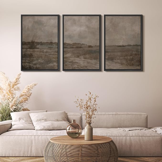 MUDECOR Framed Wall Art Print Set Vintage Neutral Countryside Landscape Rustic Field Path and Distant Trees Illustrations Modern Art Boho Decorative for Living Room, Bedroom, Office - 16"x24"x3 BLACK