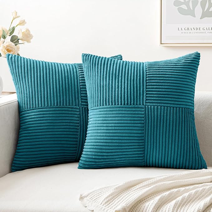 MIULEE Teal Decorative Throw Pillow Covers 18x18 Inch for Couch Bed Sofa Pack of 2 Boho Farmhouse Throw Pillows Soft Cross Corduroy Patchwork Textured Cushion Cases