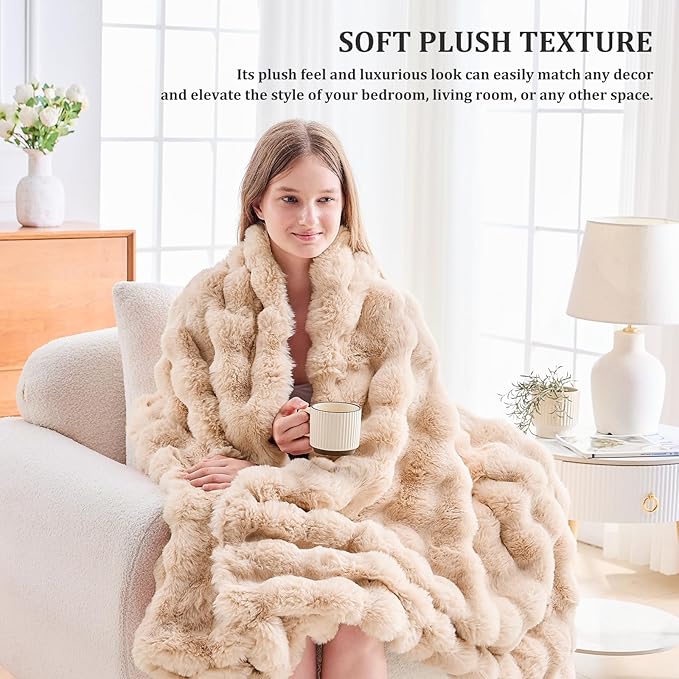 Faux Fur Throw Blanket for Couch, 1000 GSM Cozy Fuzzy Fluffy Soft Plush Thick Bubble Sherpa Blanket for Sofa Bedroom Living Room, Mothers Day Birthday Gifts for Women Home Decor